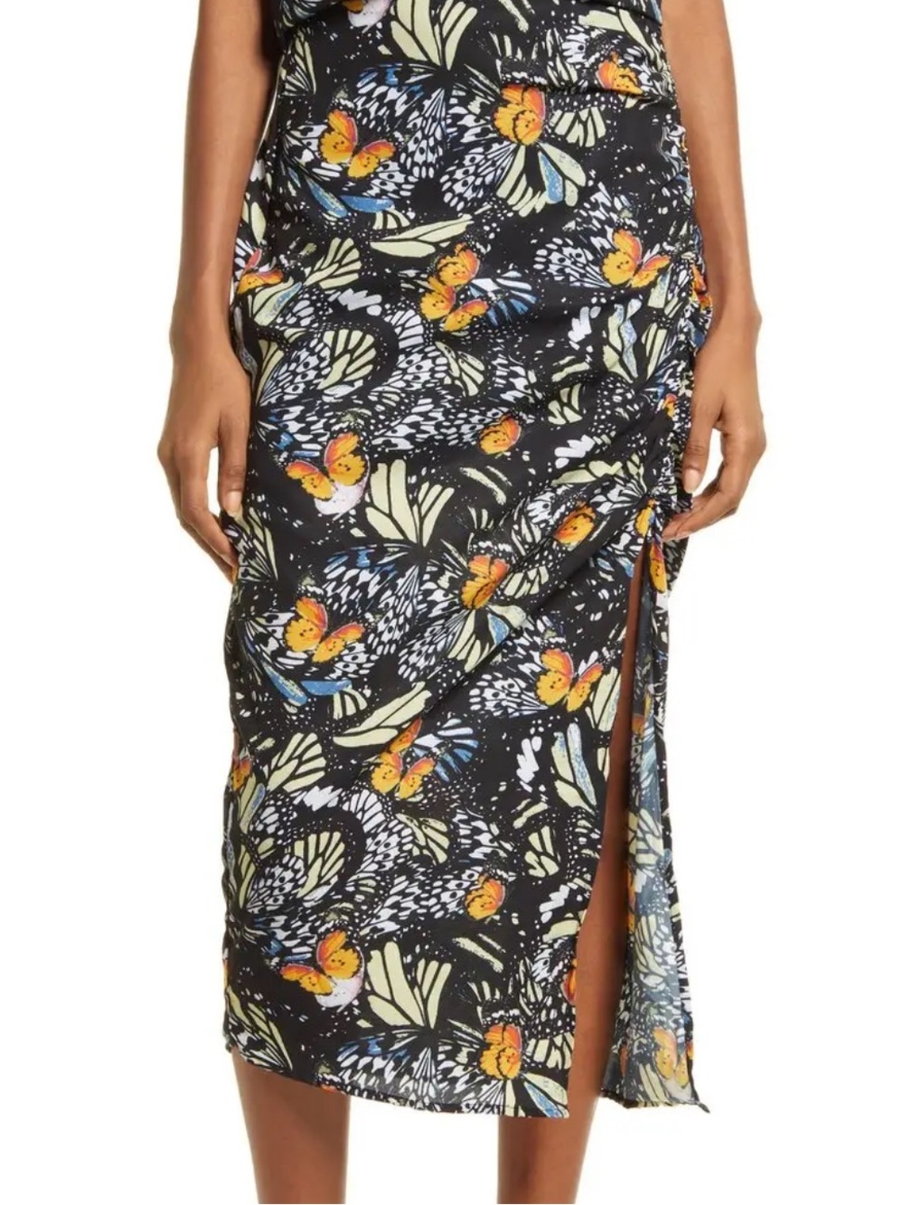 AREA Stars Butterfly Print Ruched Midi Skirt Black Orange Side Slit Size Small